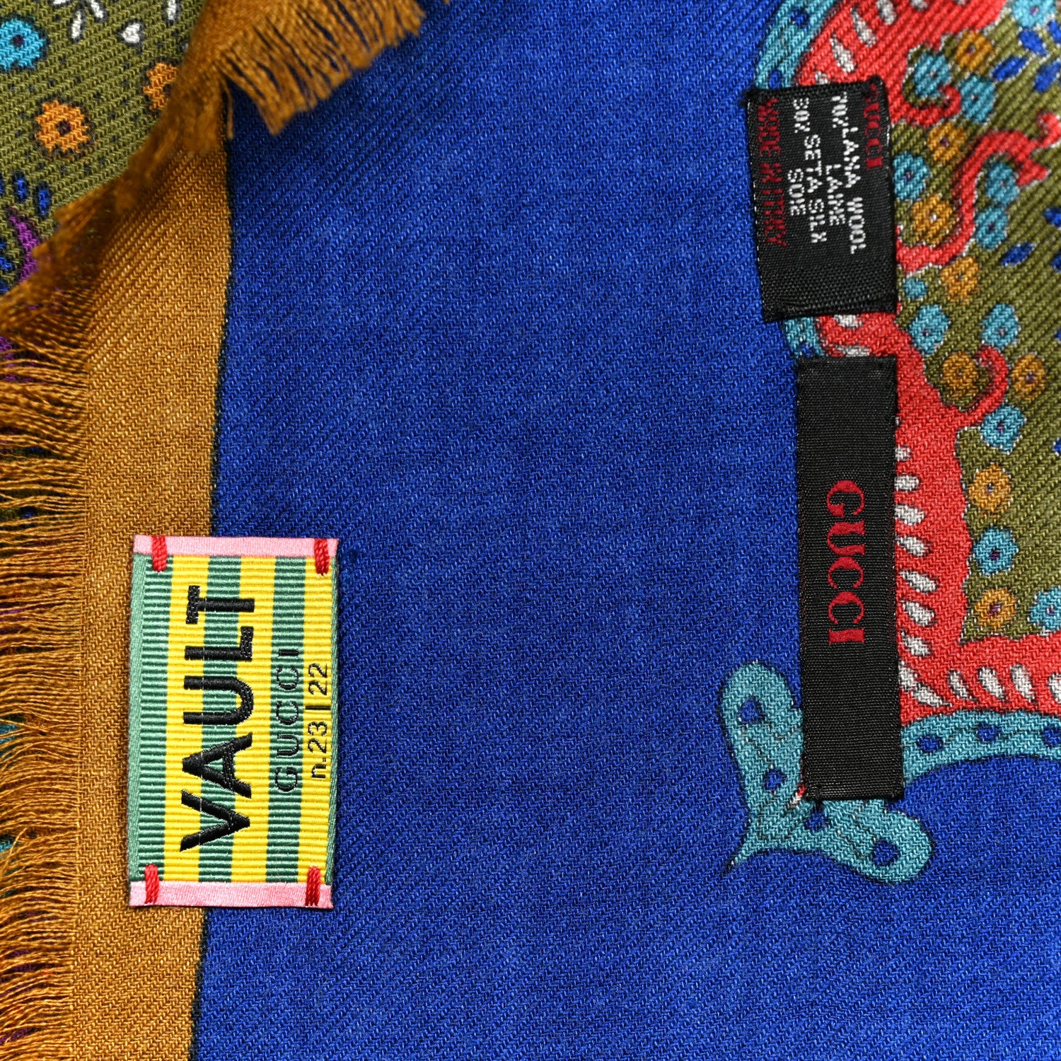 Gucci Wool Silk Paisley Print Fringe Shawl Blue Multicolor 2 of 3