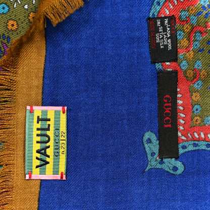 Gucci Wool Silk Paisley Print Fringe Shawl Blue Multicolor 2 of 3