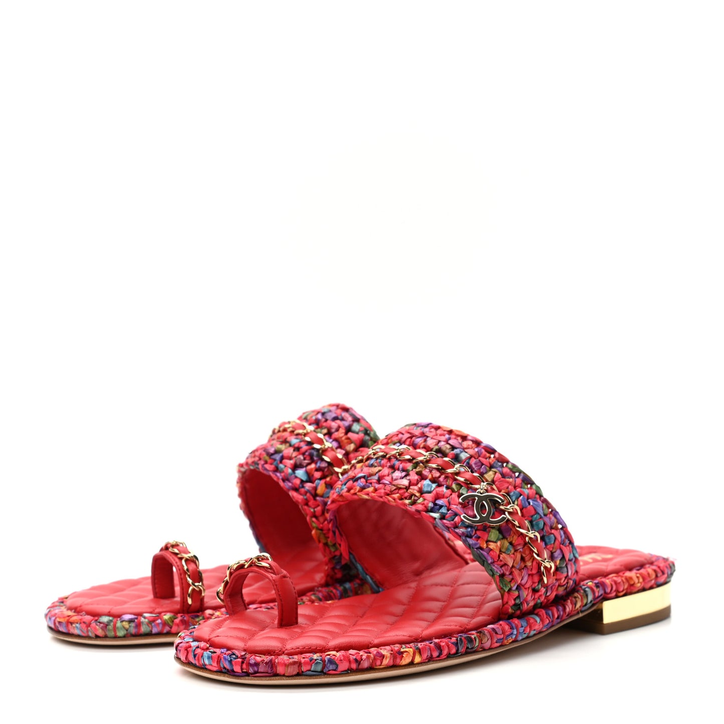 Raffia Lambskin Woven Chain CC Toe Ring Sandals 38.5 Red Multicolor