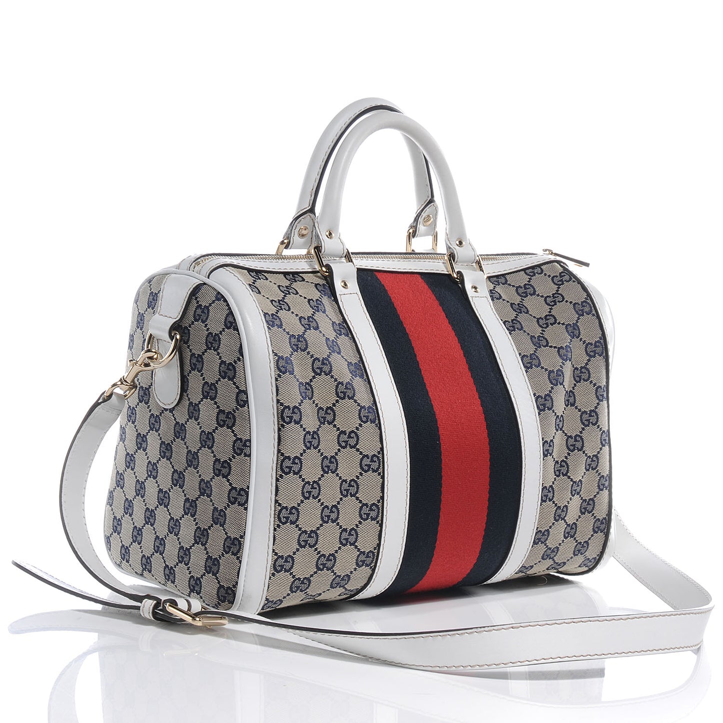 Monogram Selleria Calfskin Vintage Web Medium Boston Beige Blue Mystic White