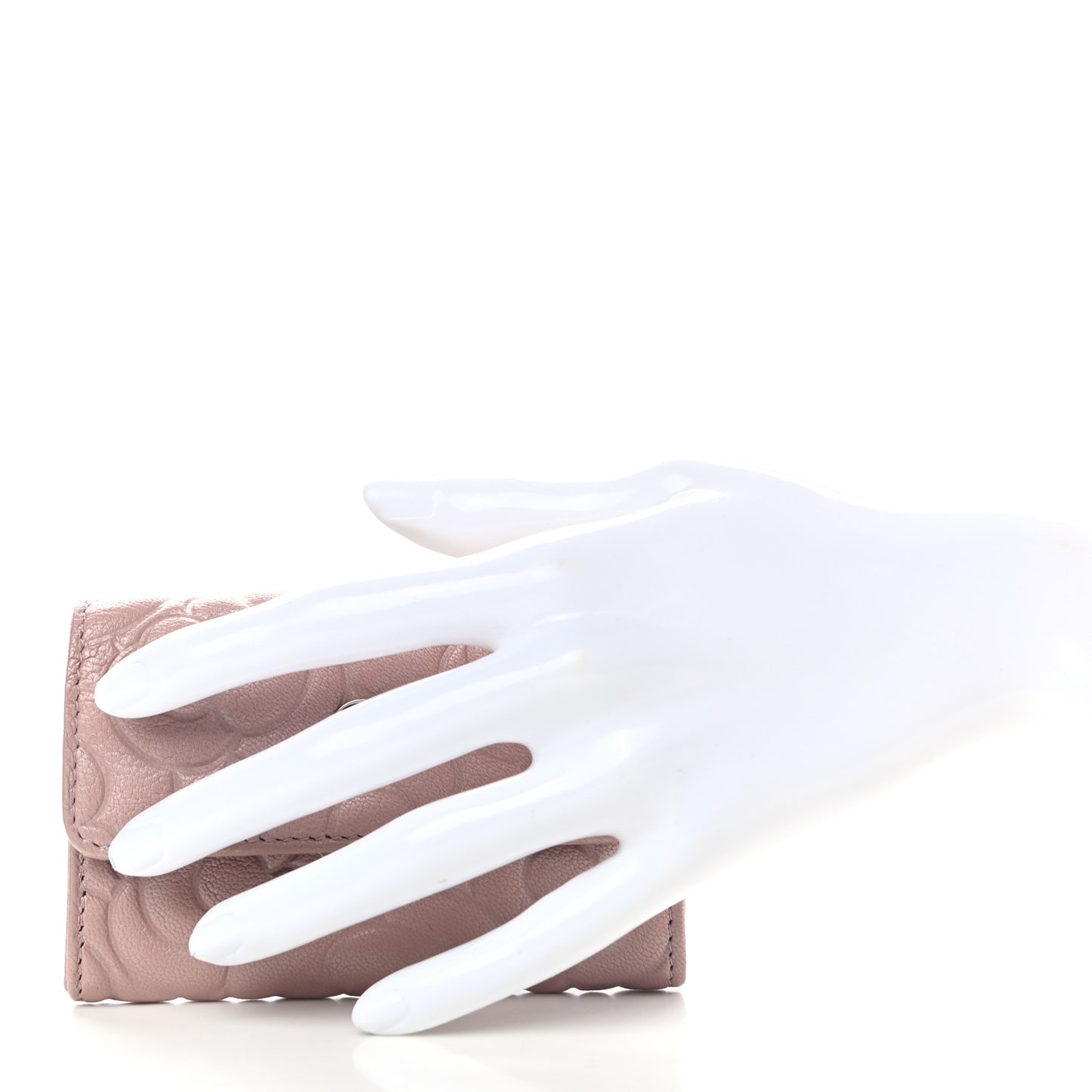 Goatskin Camellia Embossed Card Holder Wallet Light Pink