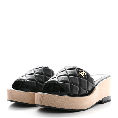 Chanel Lambskin Quilted CC Wedge Sandals 39 Black 3 of 10