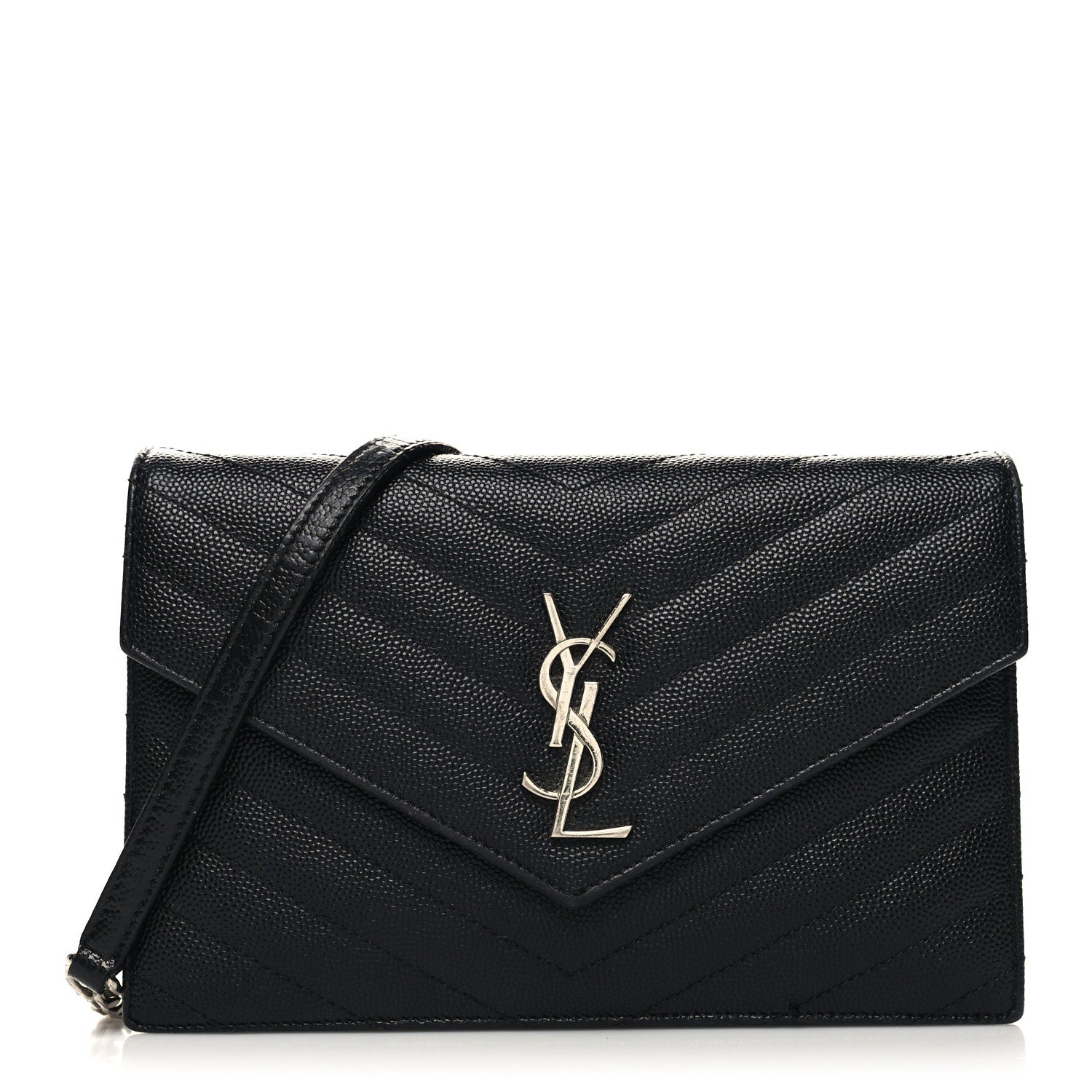 Saint Laurent Grain De Poudre Matelasse Chevron Monogram Envelope Chain Wallet Black 1 of 11