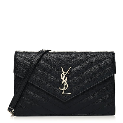 Saint Laurent Grain De Poudre Matelasse Chevron Monogram Envelope Chain Wallet Black 1 of 11