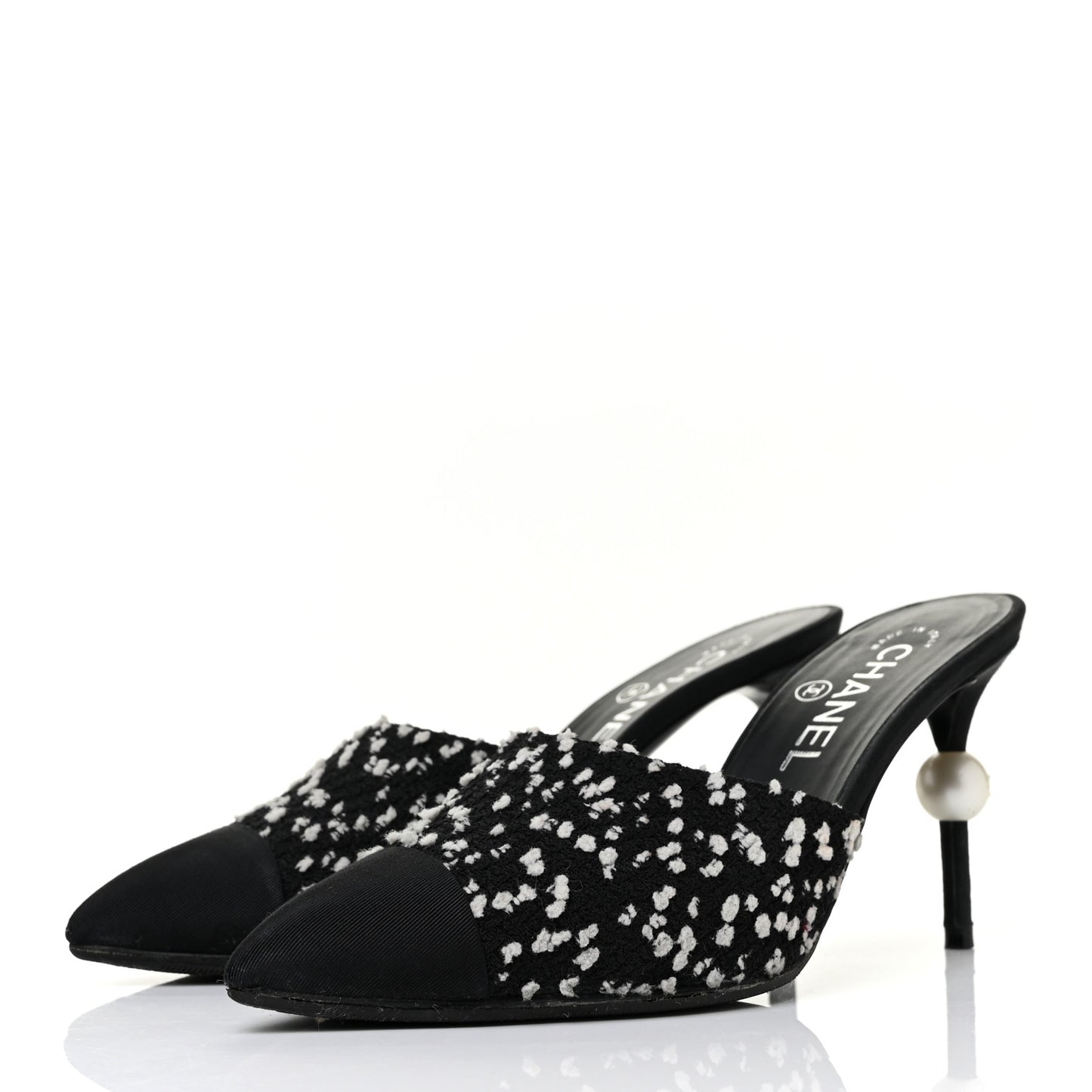 Tweed Grosgrain Pearl Mules 37 Black White