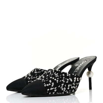 Chanel Tweed Grosgrain Pearl Mules 37 Black White 3 of 10