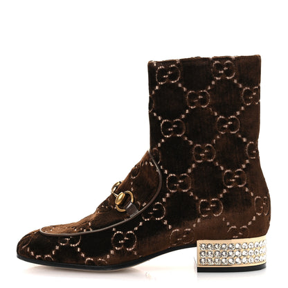 Gucci Velvet GG Monogram Crystal Horsebit Ankle Boots 37 Brown Vintage Cocoa 1 of 10