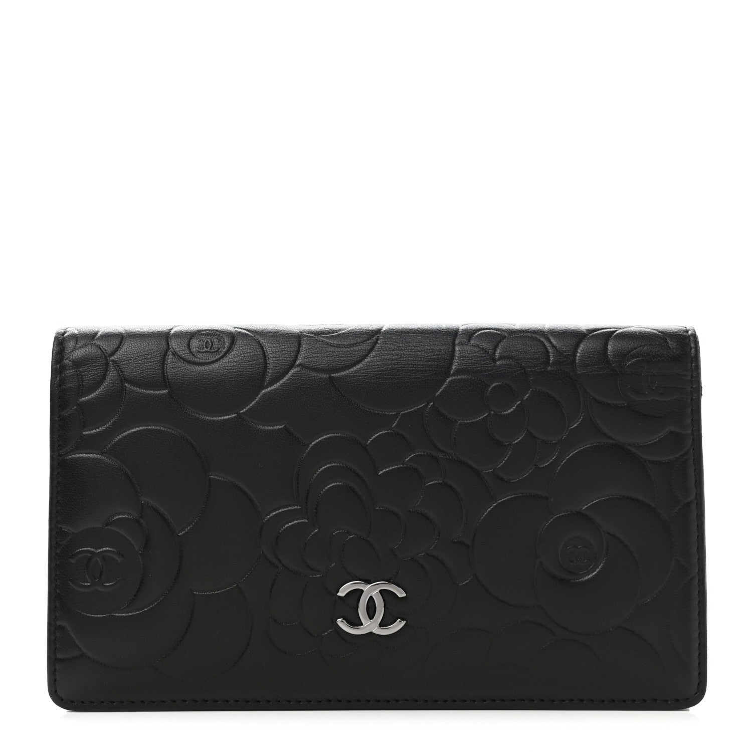 Chanel Lambskin Camellia Embossed Yen Wallet Black 1 of 10