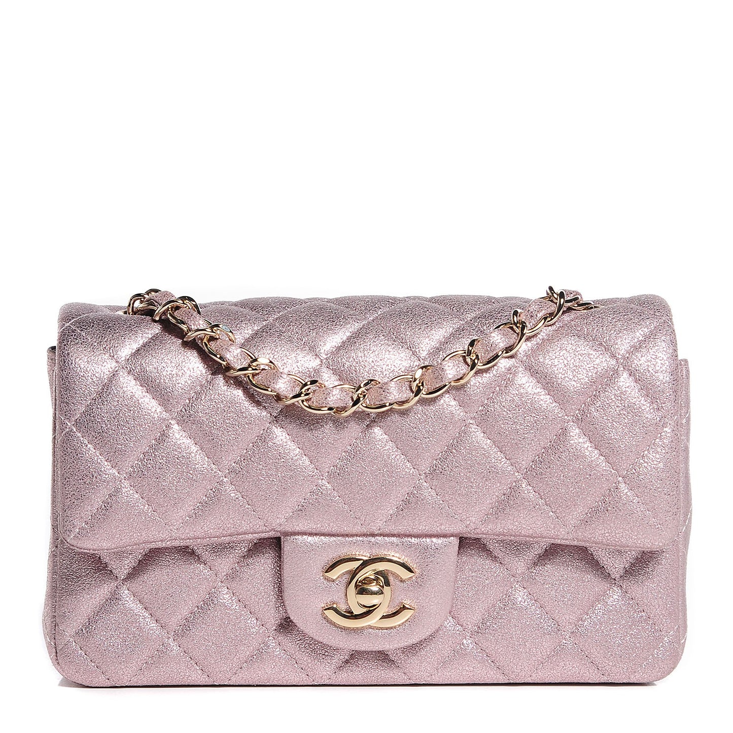 Metallic Goatskin Quilted Mini Rectangular Flap Pink