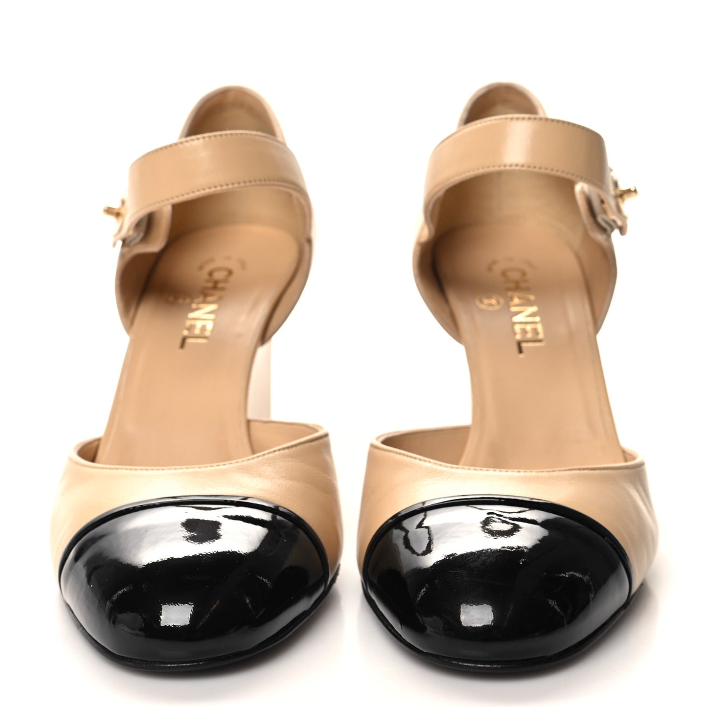 Lambskin Patent Cap Toe Mary Jane Wedge Pumps 41 Beige Black