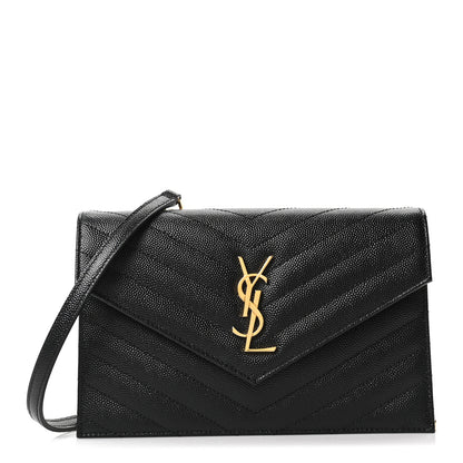 Saint Laurent Grain De Poudre Matelasse Chevron Monogram Envelope Chain Wallet Black 1 of 10