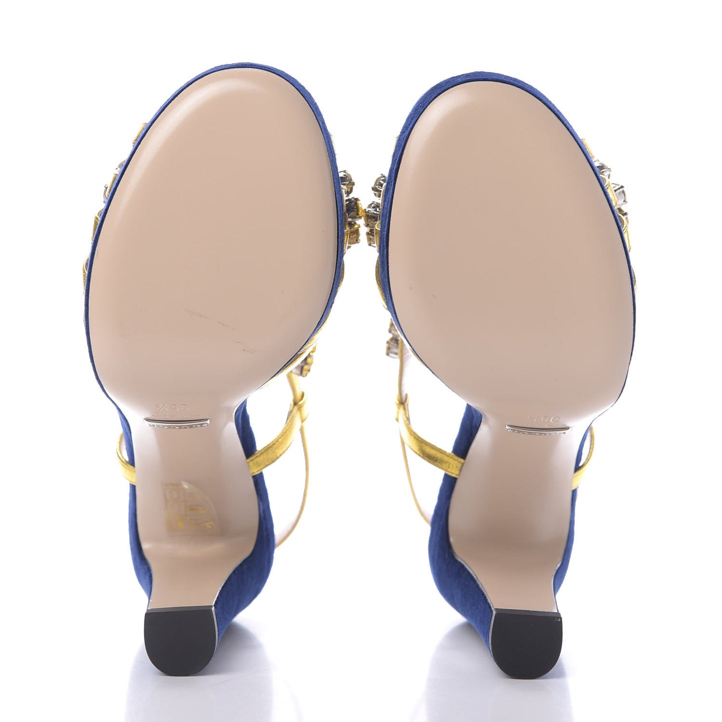 Velvet Nappa Crystal Zephyra Slingback Platform High Heel Sandals 35.5 Blue Gold