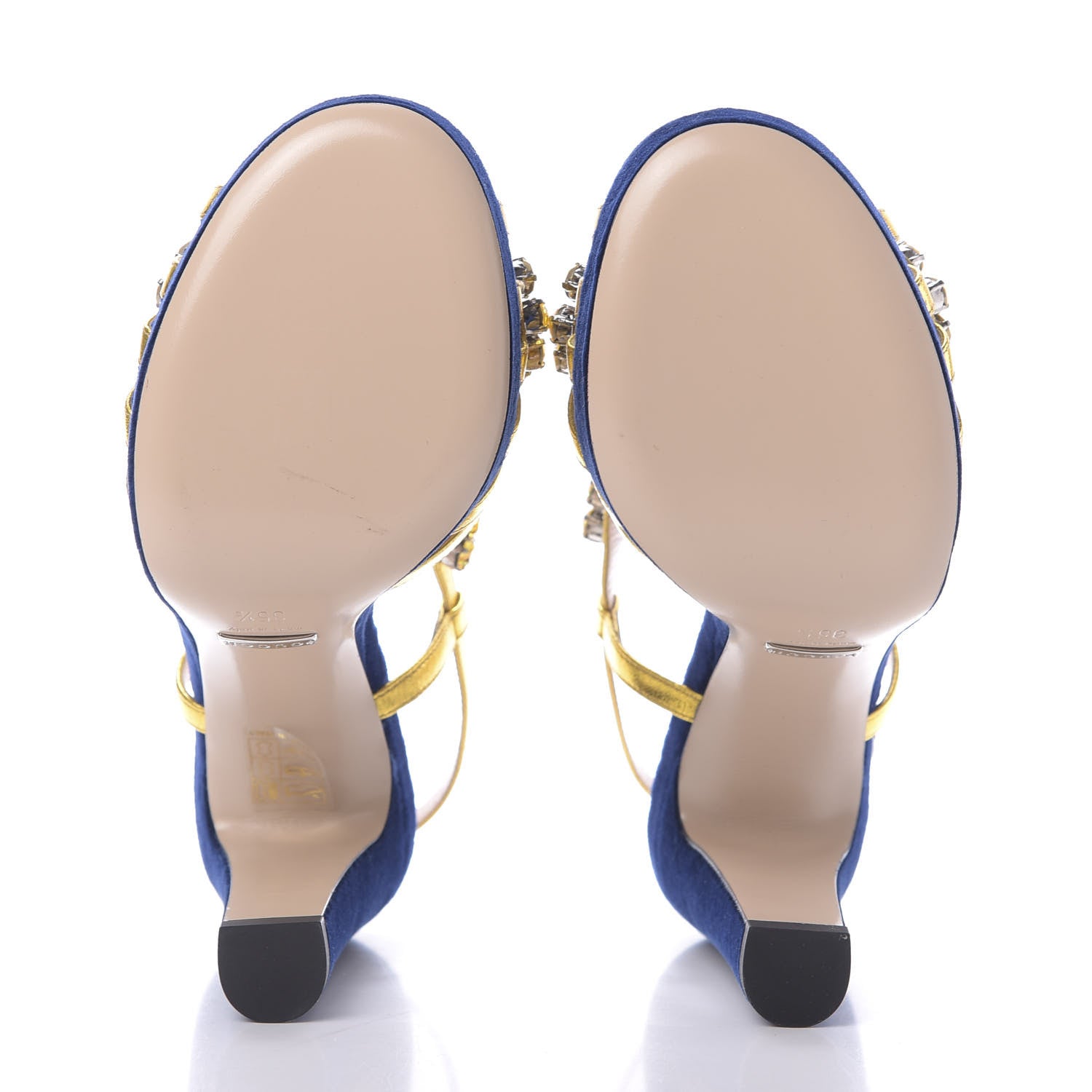 Gucci Velvet Nappa Crystal Zephyra Slingback Platform High Heel Sandals 35.5 Blue Gold 7 of 10