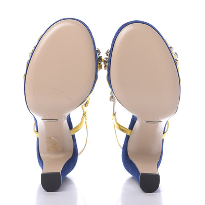 Gucci Velvet Nappa Crystal Zephyra Slingback Platform High Heel Sandals 35.5 Blue Gold 7 of 10