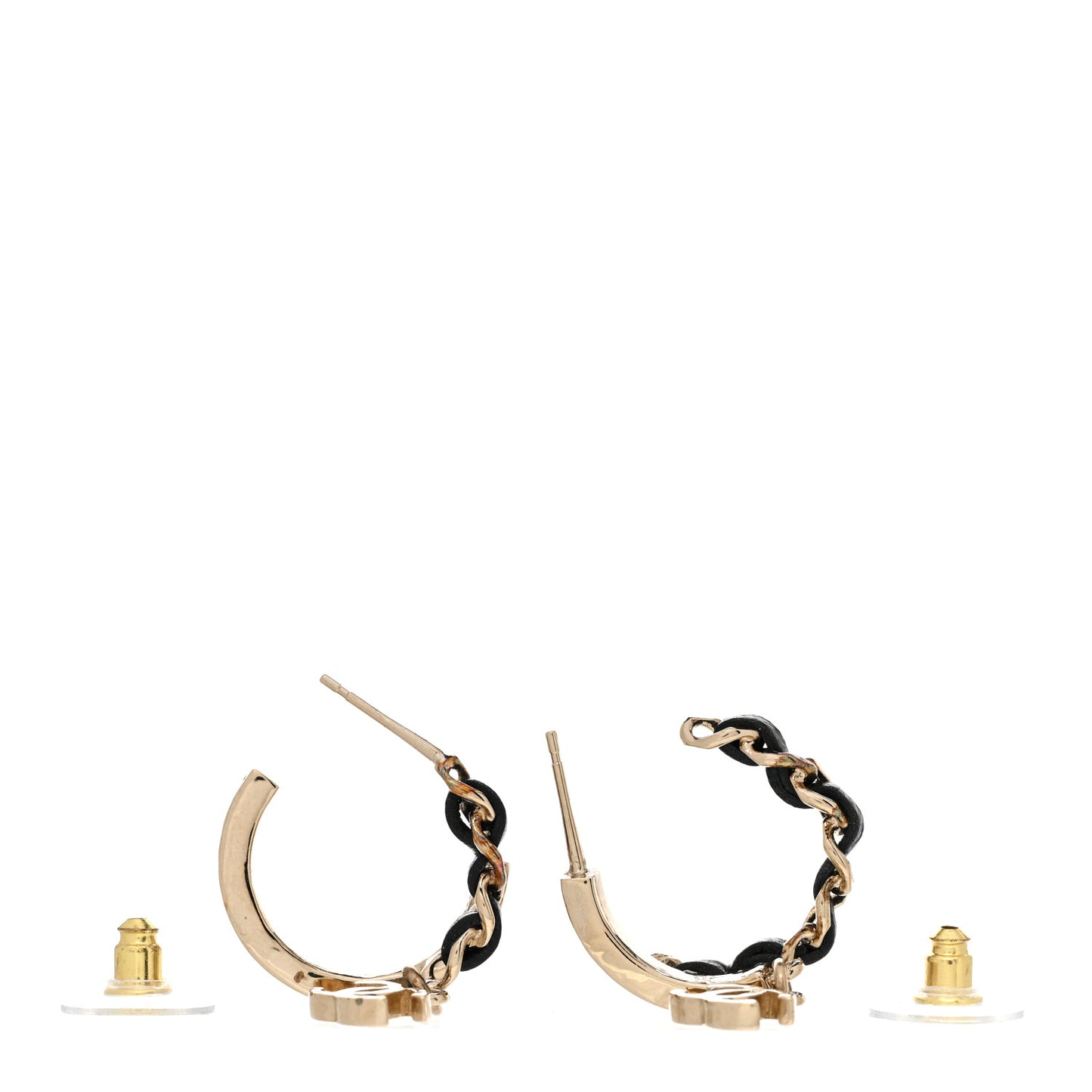 Metal Lambskin CC Chain Hoop Earrings Gold Black