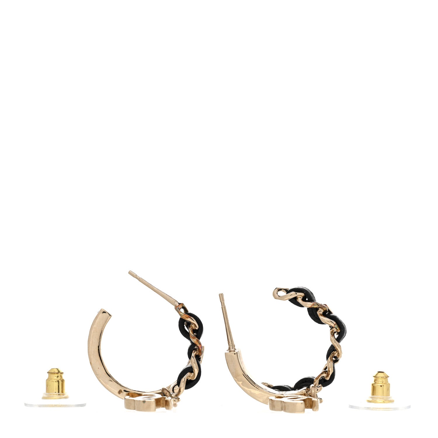 Chanel Metal Lambskin CC Chain Hoop Earrings Gold Black 3 of 7