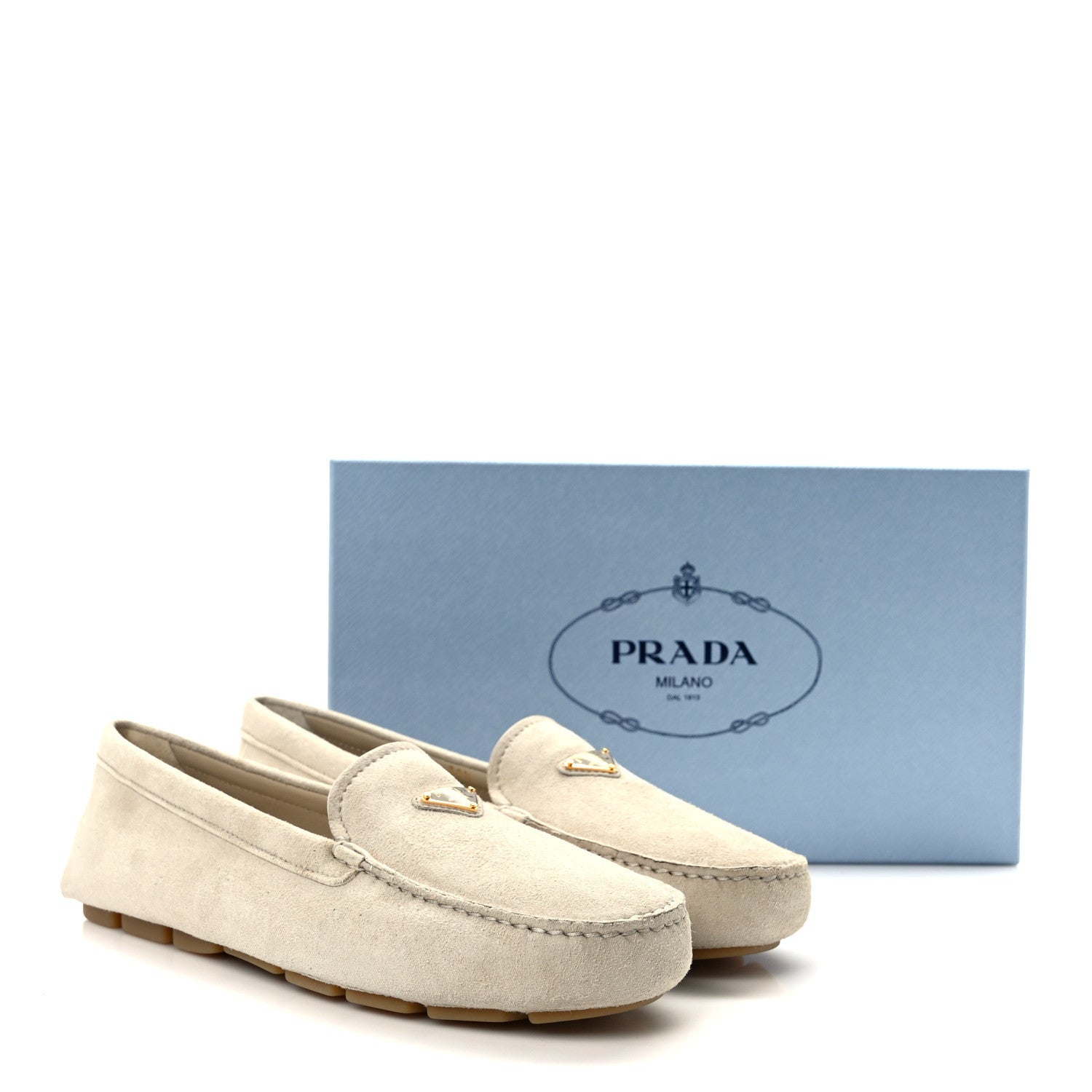 Prada Camoscio Metal Triangle Logo Driving Loafers 39.5 Pomice 9 of 9