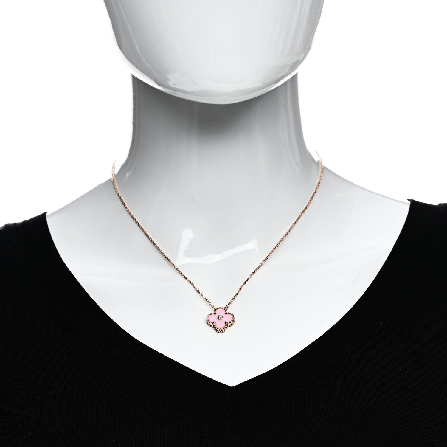 Van Cleef & Arpels 18K Rose Gold Diamond Pink Porcelain Vintage Alhambra Pendant Necklace 2 of 7
