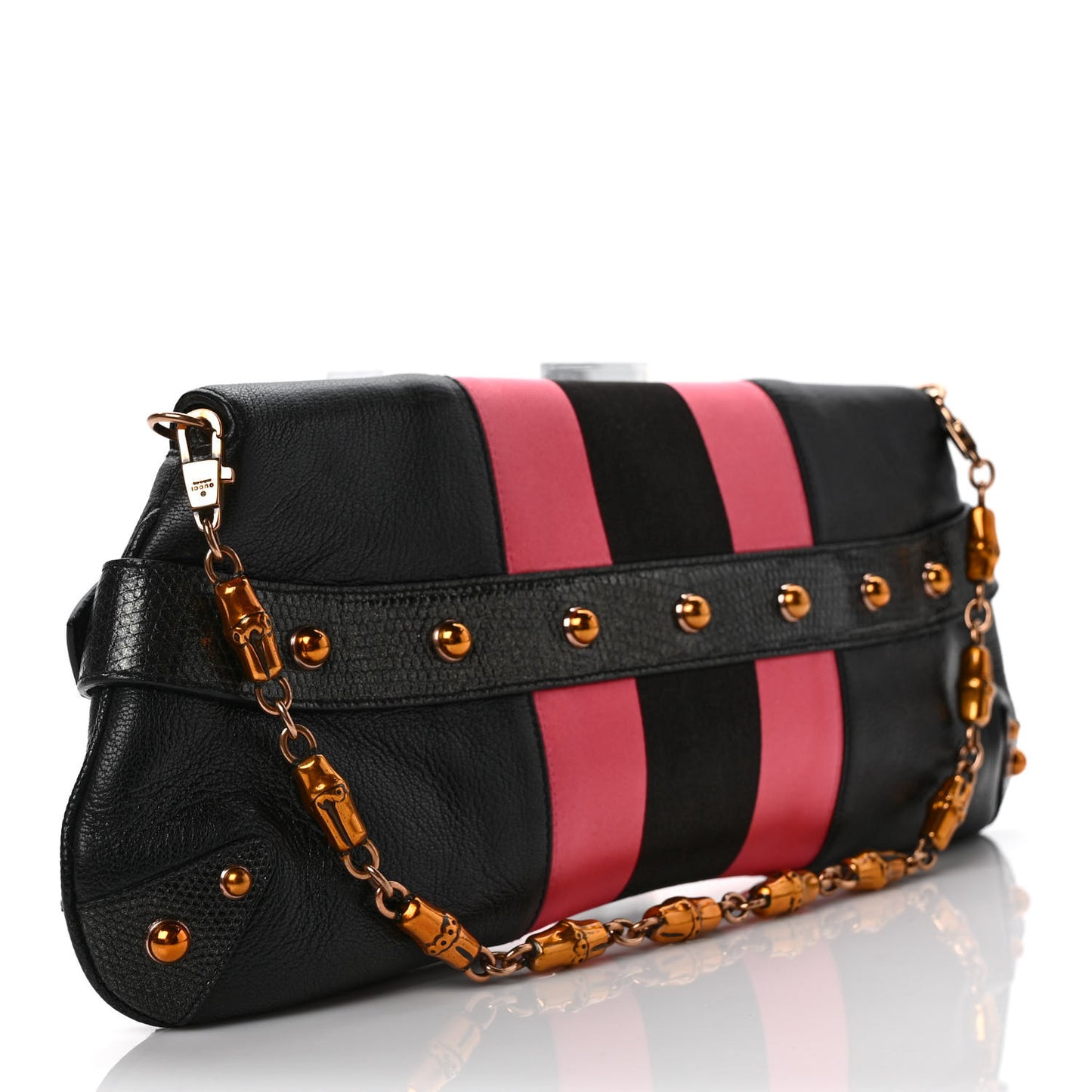 Calfskin Lizard Satin Studded Crystal Horsebit Clutch Pink Black