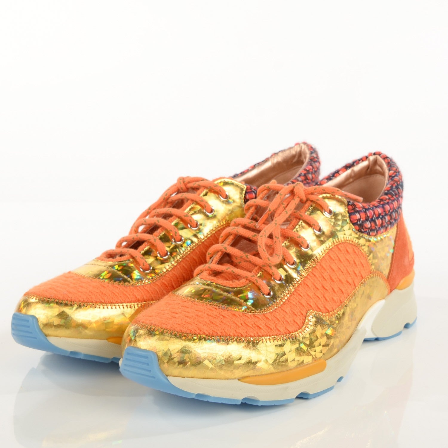 Chanel Tweed Suede Calfskin Sneakers Orange 3 of 9