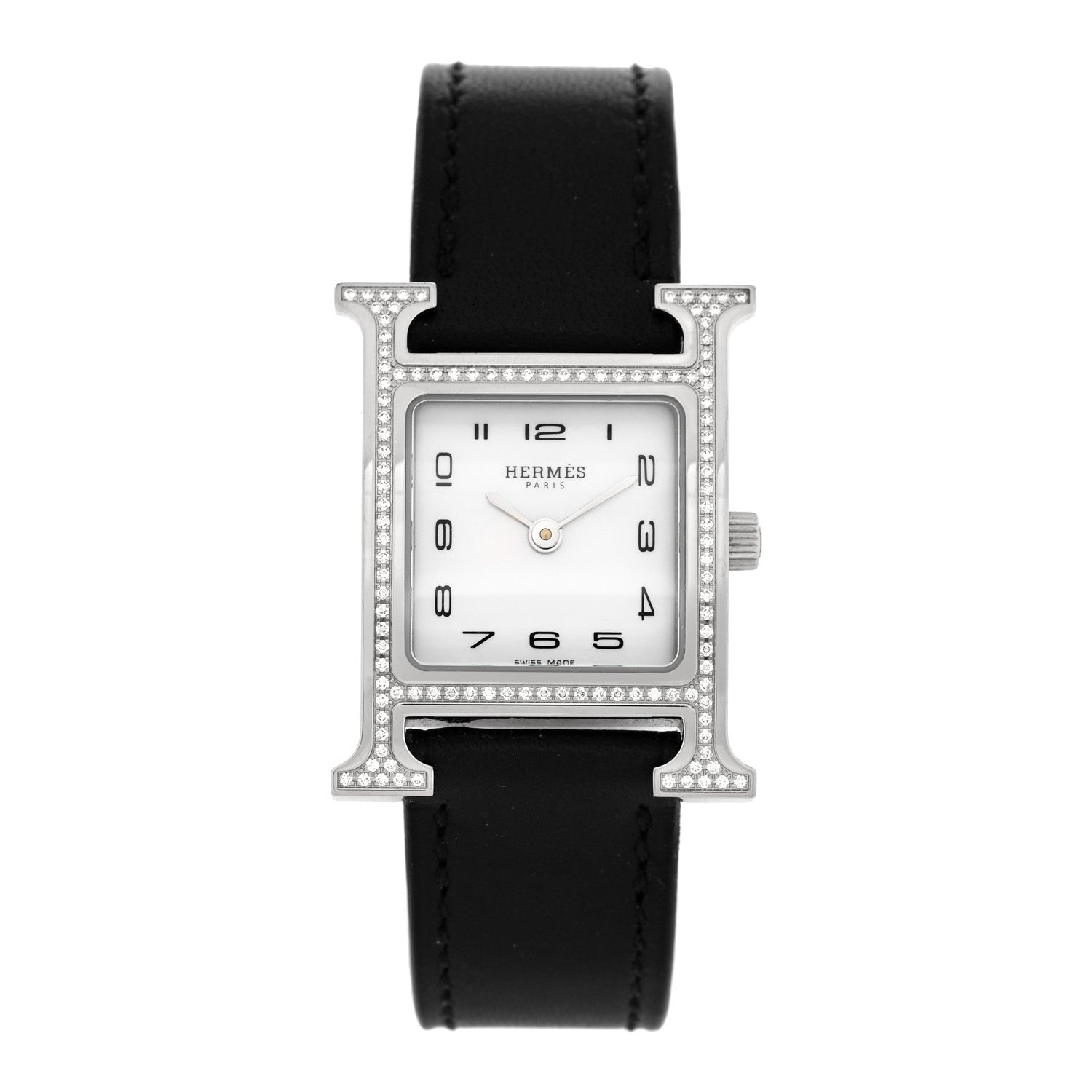 Hermes Stainless Steel Barenia Diamond Bezel Mother of Pearl 21mm Heure H Hour Quartz Watch Noir 1 of 4