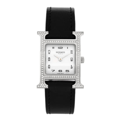 Hermes Stainless Steel Barenia Diamond Bezel Mother of Pearl 21mm Heure H Hour Quartz Watch Noir 1 of 4
