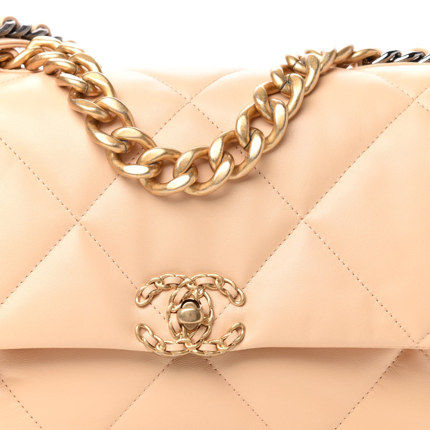 Shiny Goatskin Quilted Large Chanel 19 Flap Beige