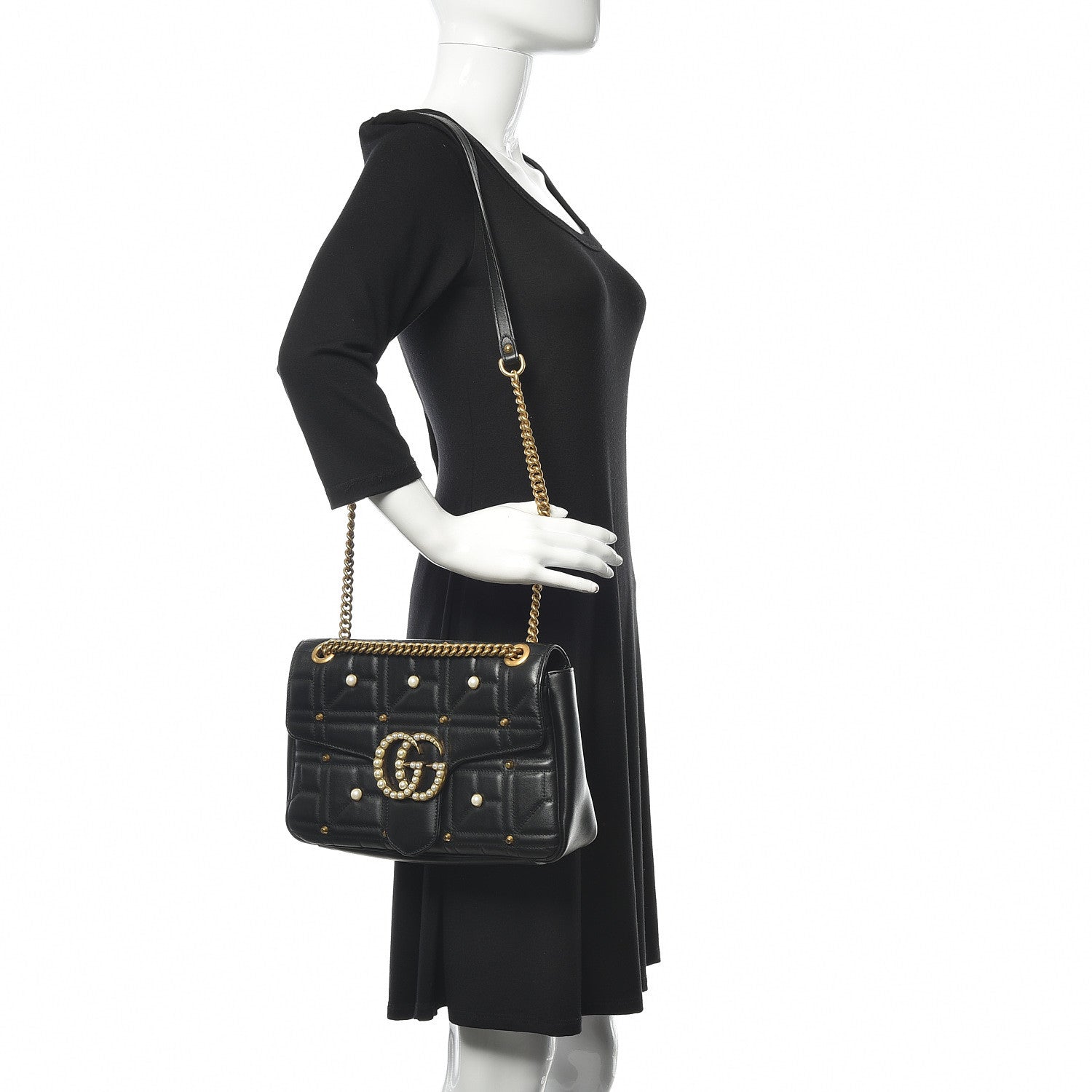 Gucci Calfskin Matelasse Studded Medium Pearly GG Marmont Shoulder Bag Black 2 of 12