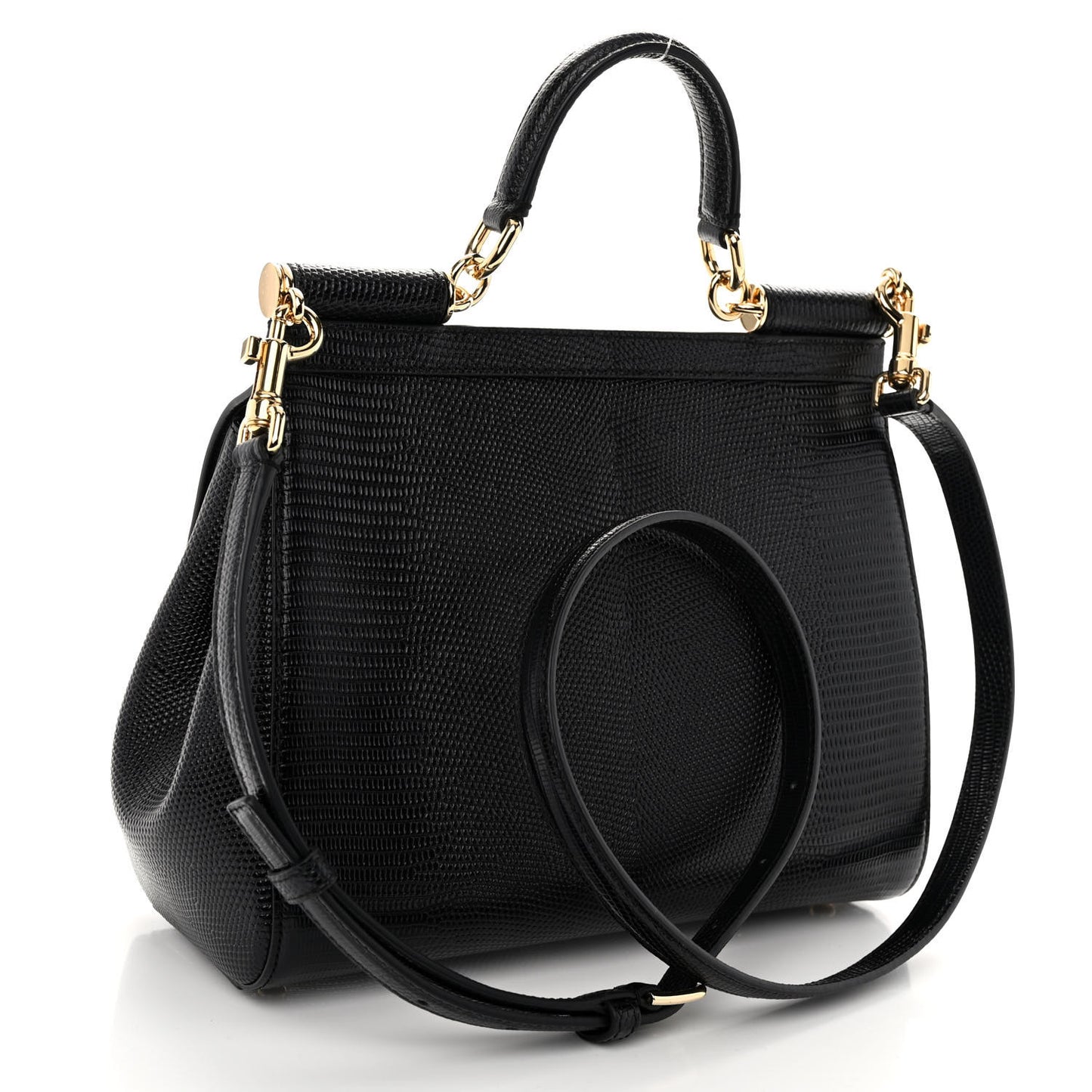 Iguana Calfskin Embossed Medium Miss Sicily Satchel Black