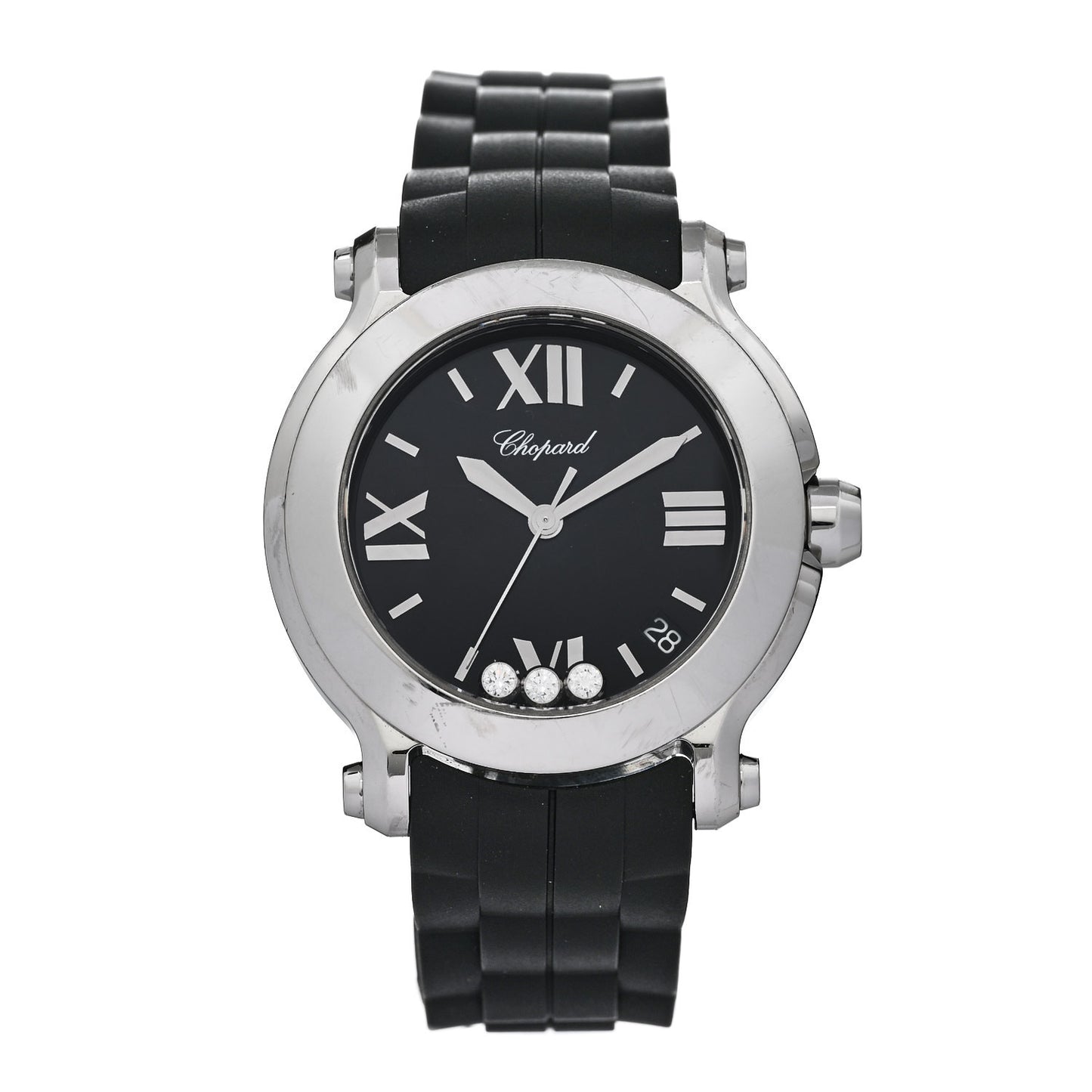 Stainless Steel Rubber 3 Diamond 36mm Happy Sport Quartz Watch Black