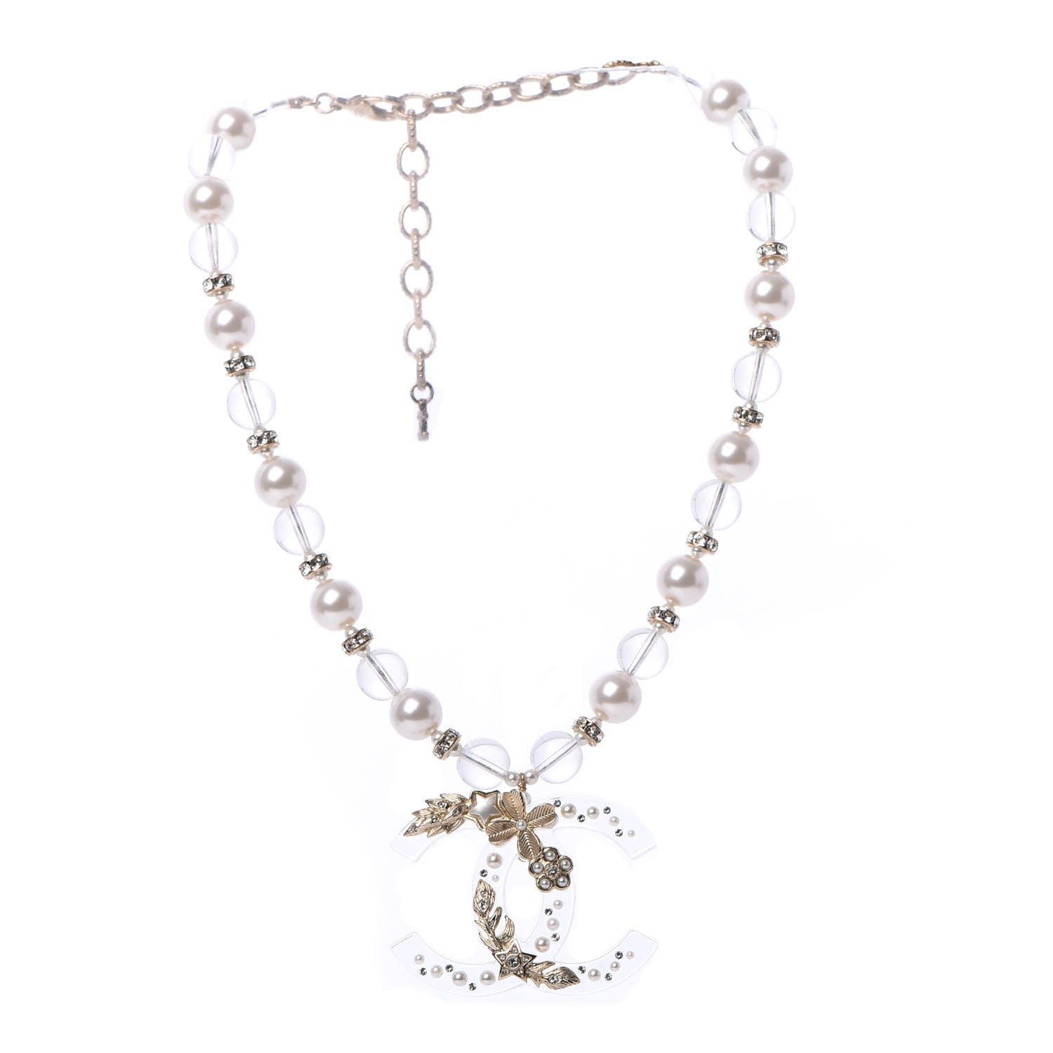Chanel Resin Pearl Crystal CC Necklace Pearly White Transparent Gold 1 of 6