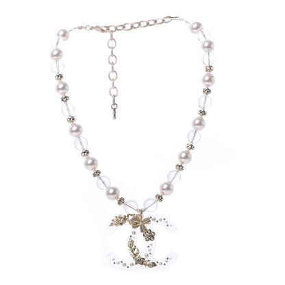 Chanel Resin Pearl Crystal CC Necklace Pearly White Transparent Gold 1 of 6