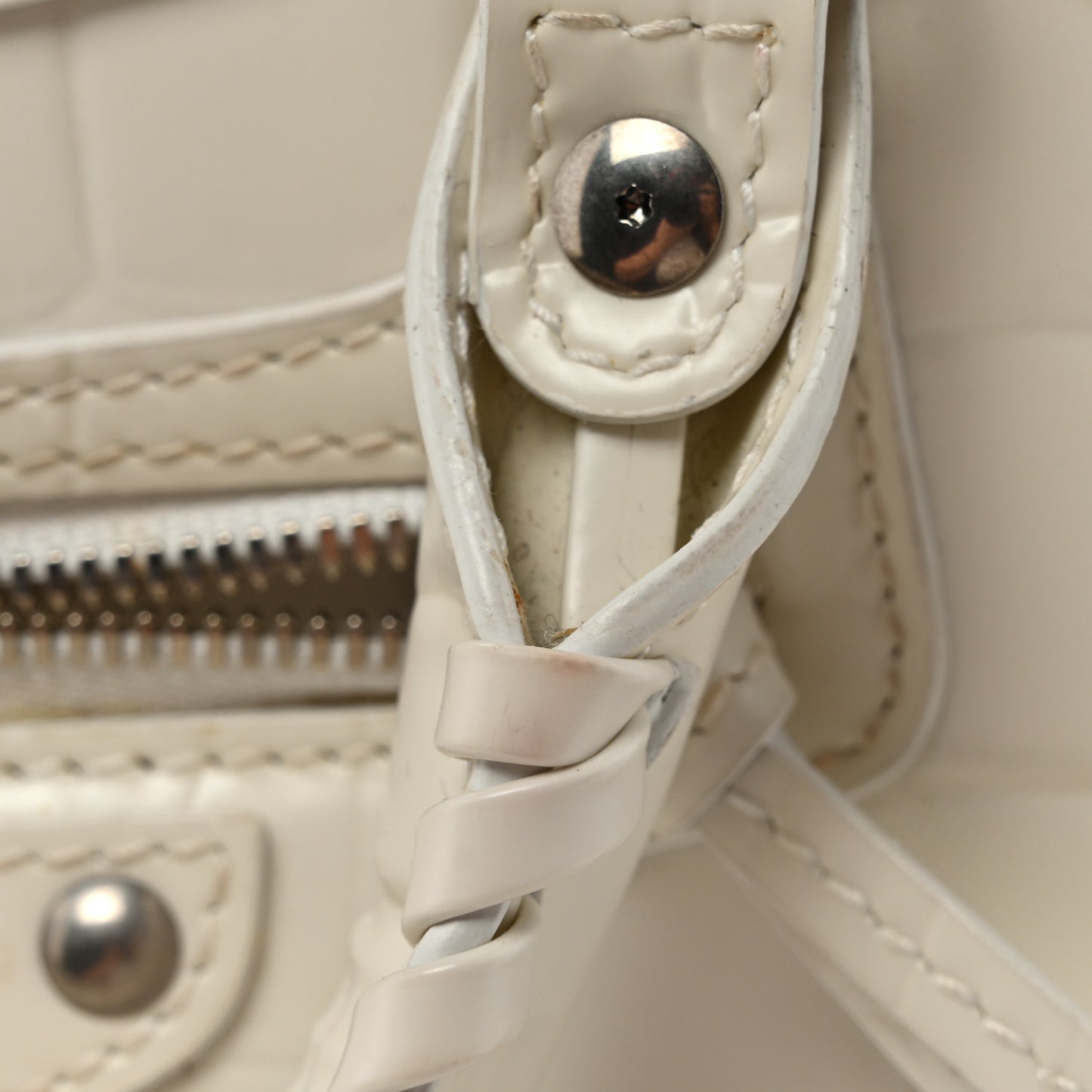 Semi Shiny Calfskin Crocodile Embossed Neo Classic Silver Hardware Nano City Crossbody White