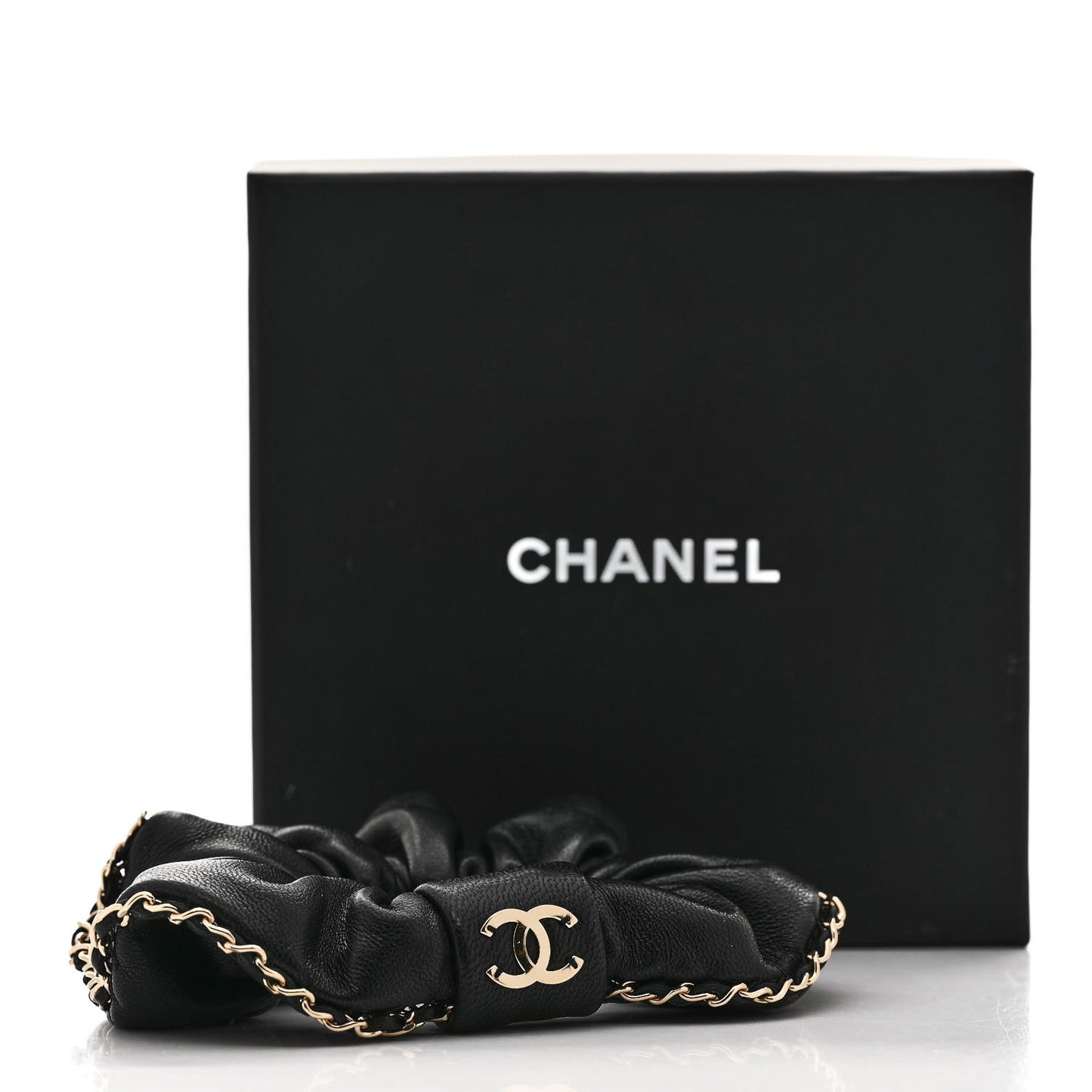 Lambskin Chain CC Hair Scrunchie Black Gold