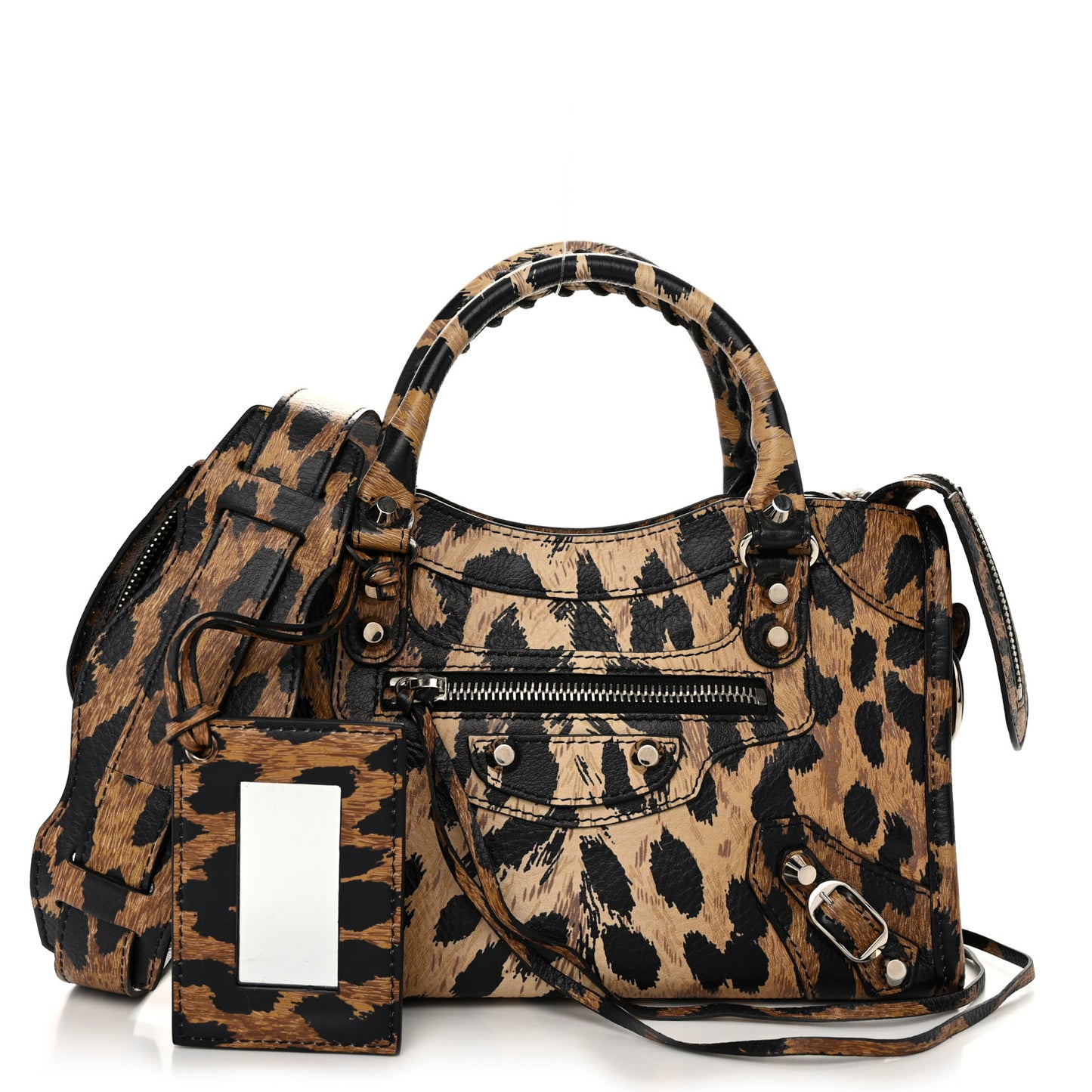 Smooth Calfskin Leopard Print Classic Silver Hardware Mini City Beige