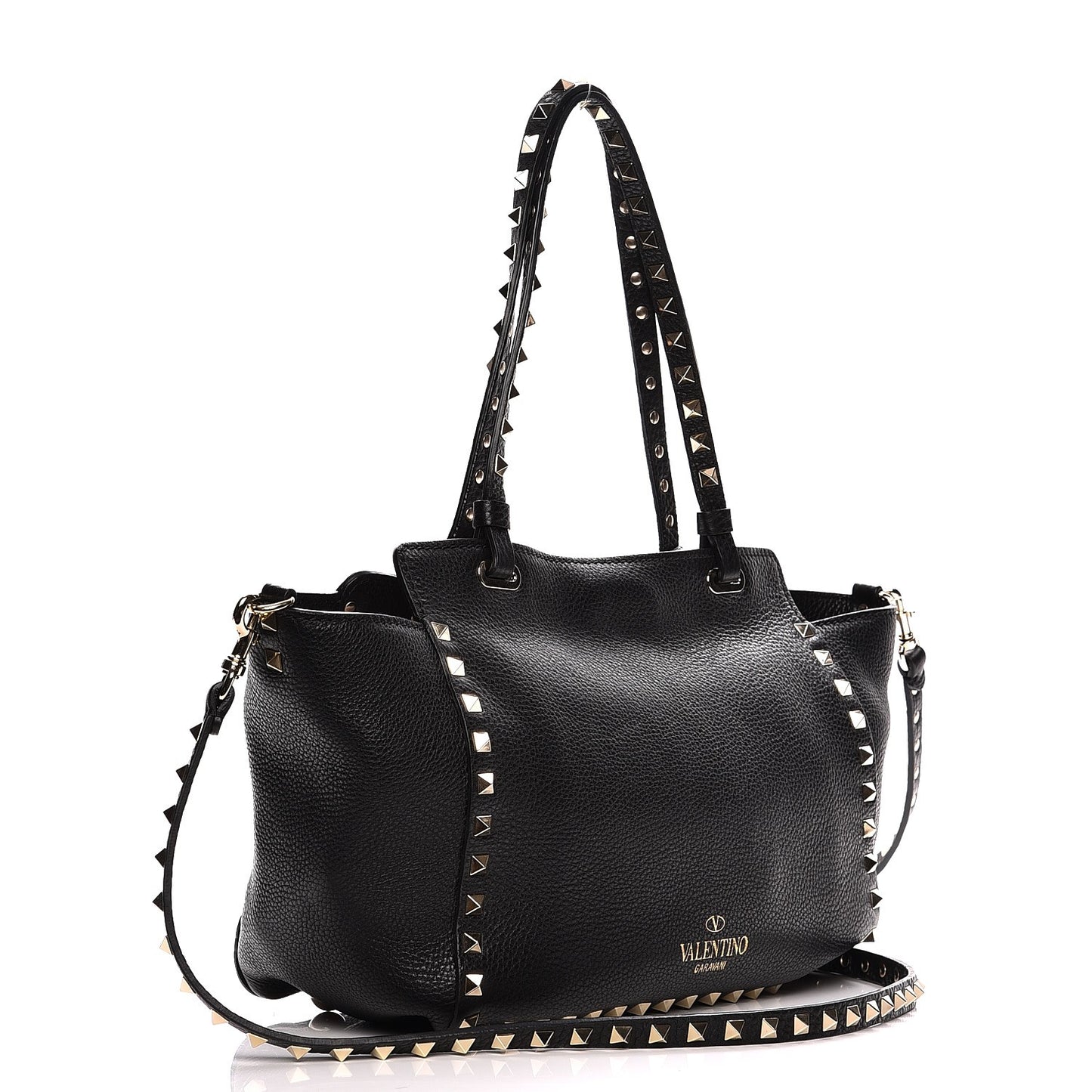 Grained Calfskin Small Rockstud Tote Black