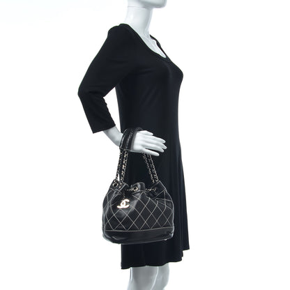 Chanel Lambskin Contrast Stitch Large Drawstring Tote Black 2 of 7