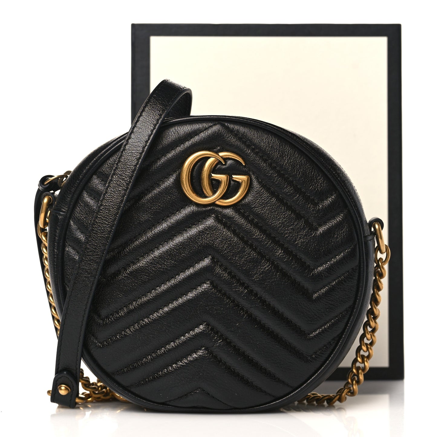 Azalea Calfskin Matelasse Heart Mini GG Marmont Round Shoulder Bag Black