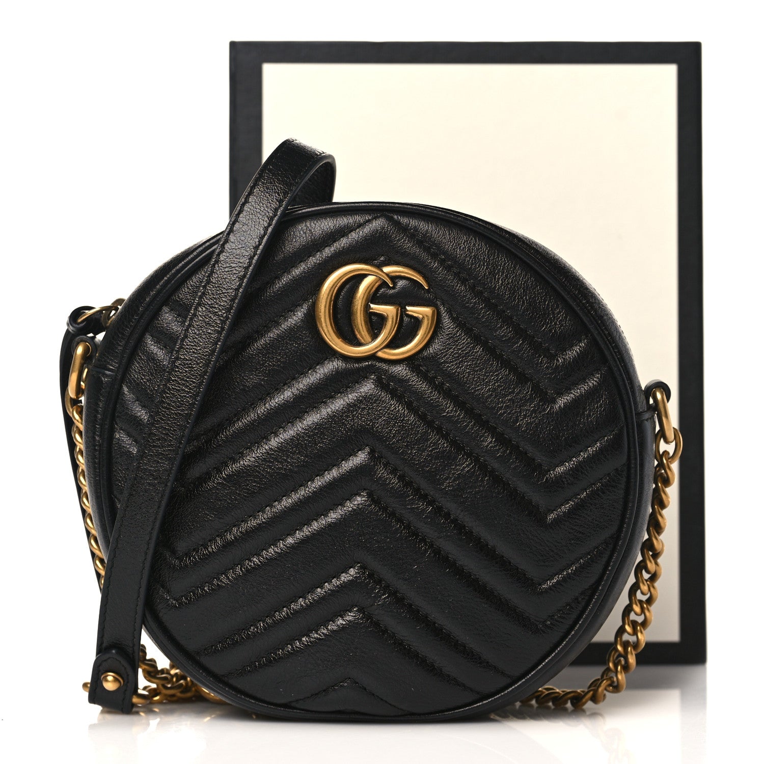 Gucci Azalea Calfskin Matelasse Heart Mini GG Marmont Round Shoulder Bag Black 10 of 10