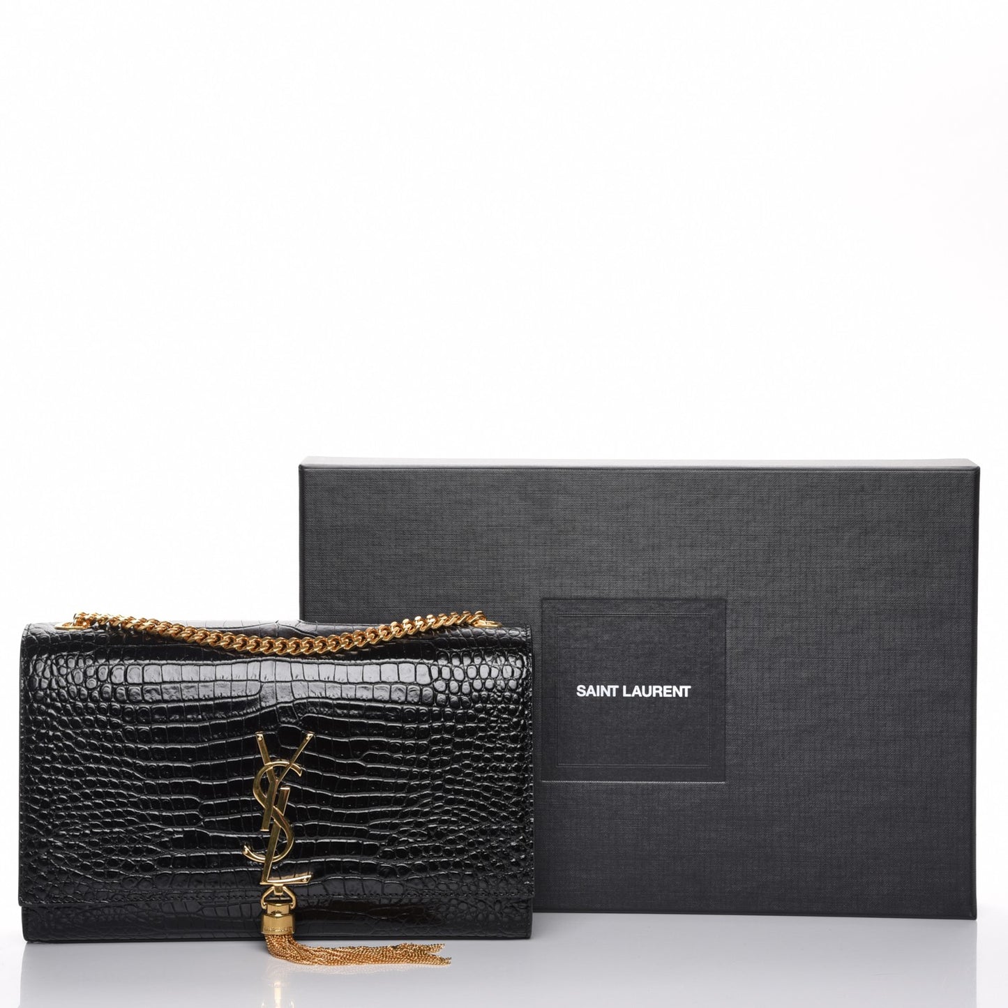 Calfskin Crocodile Embossed Medium Classic Monogram Kate Tassel Satchel Black
