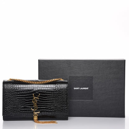 Saint Laurent Calfskin Crocodile Embossed Medium Classic Monogram Kate Tassel Satchel Black 8 of 8