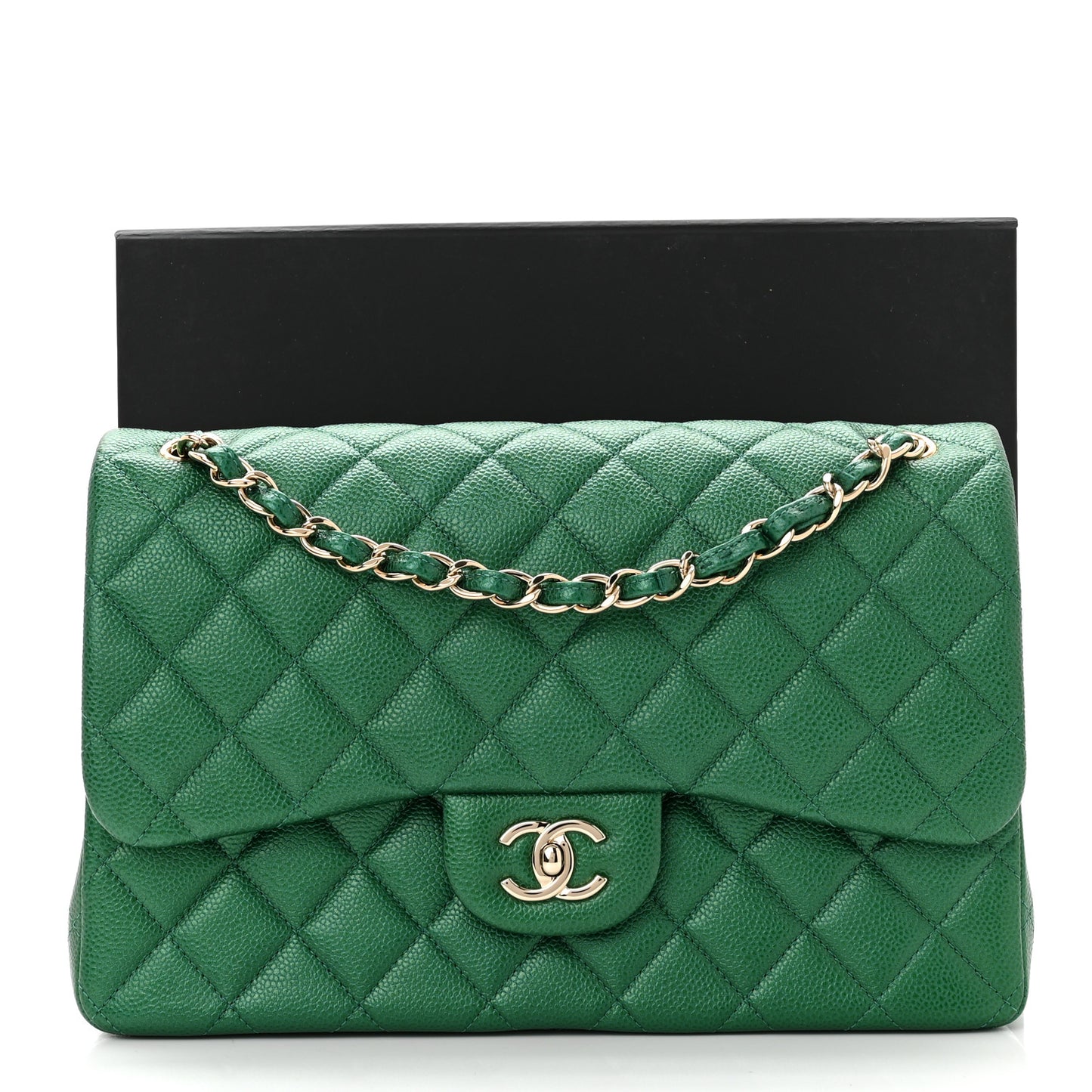 Metallic Caviar Quilted Jumbo Double Flap Green