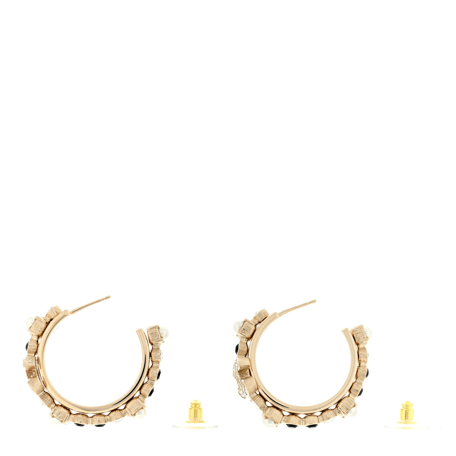Chanel Crystal Pearl CC Hoop Earrings Gold Black 3 of 4
