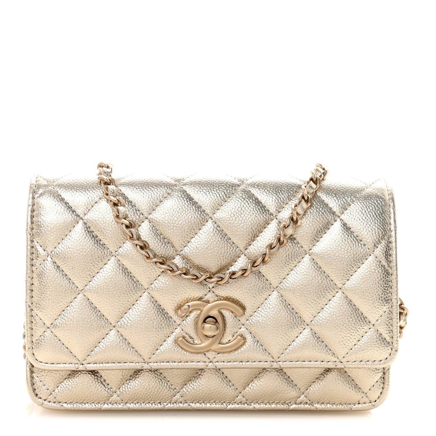 Chanel Metallic Caviar Quilted CC Crush Wallet On Chain WOC Light