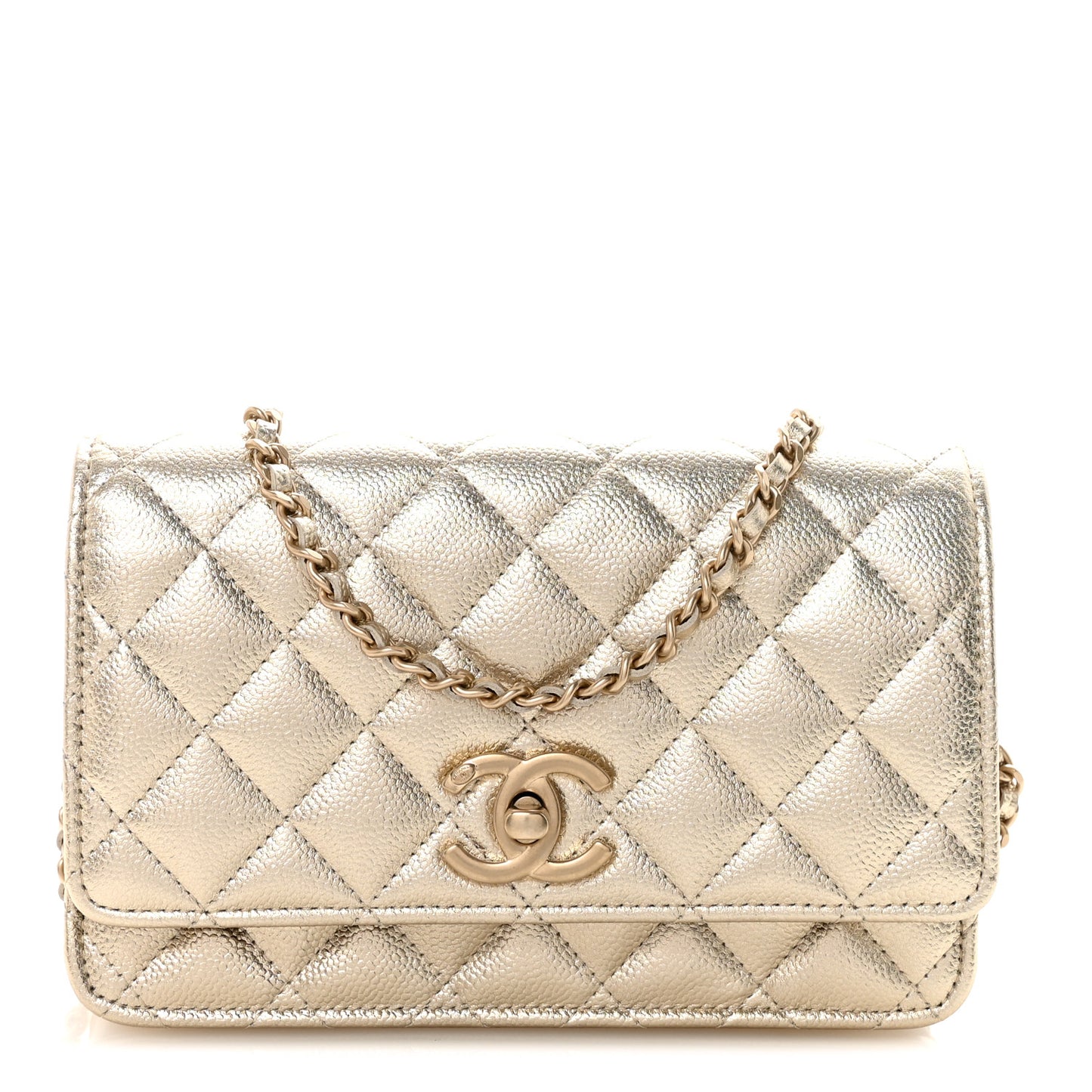 Metallic Caviar Quilted CC Crush Wallet On Chain WOC Light Gold