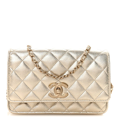 Chanel Metallic Caviar Quilted CC Crush Wallet On Chain WOC Light Gold 1 of 12