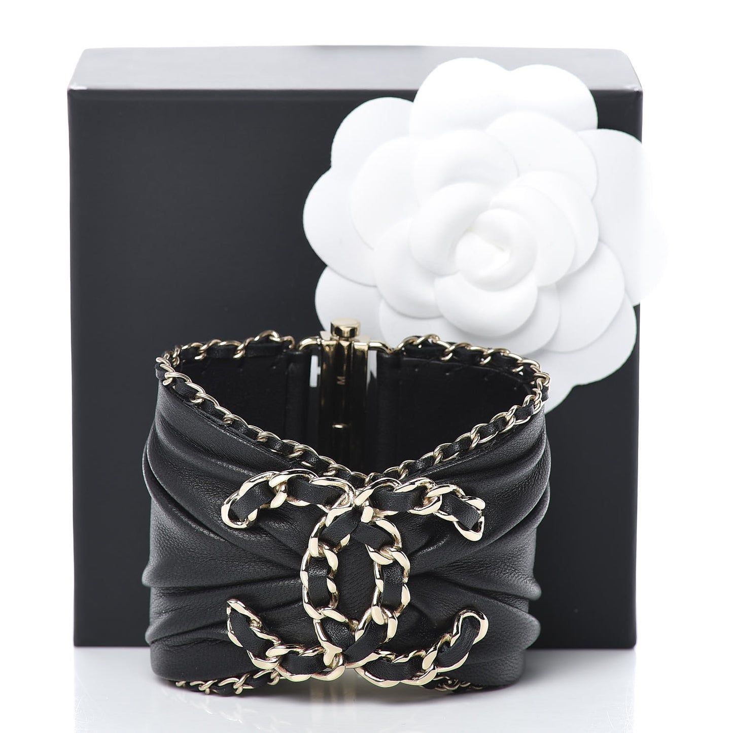 Lambskin Chain CC Cuff Bracelet Black Gold
