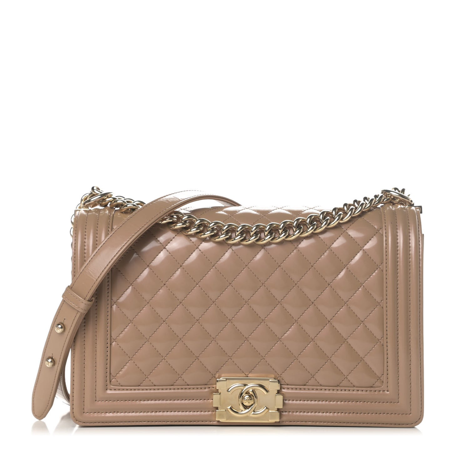 Patent Calfskin Quilted New Medium Boy Flap Beige