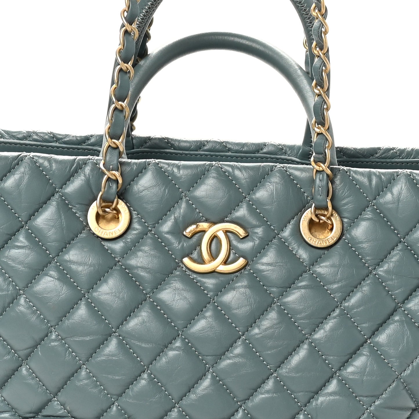 Aged Calfskin Quilted Large Coco Handle Shopping Tote Blue