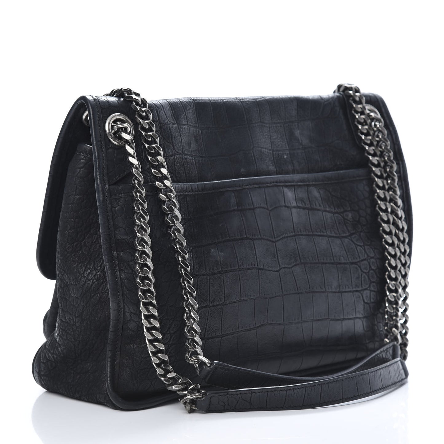 Nubuck Crocodile Embossed Monogram Medium Niki Chain Satchel Black